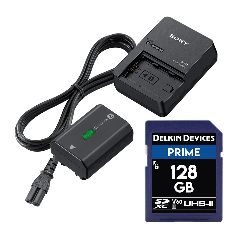 Sony BC-QZ1 Battery Charger with NP-FZ100 Battery and Delkin Prime 128GB SDXC Memory Card