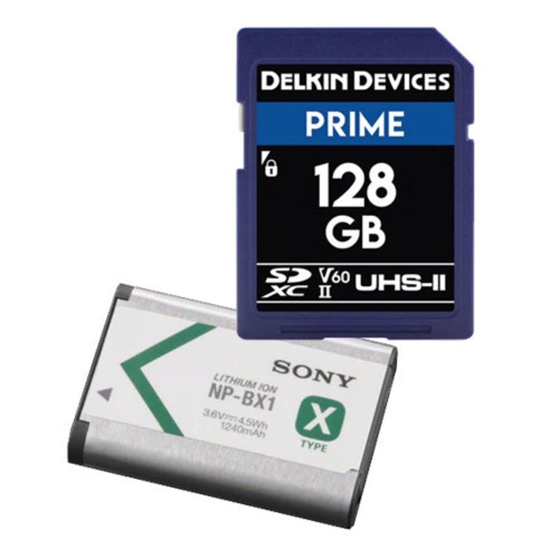 Sony NP-BX1 Battery with Delkin Prime 128GB SDXC Memory Card