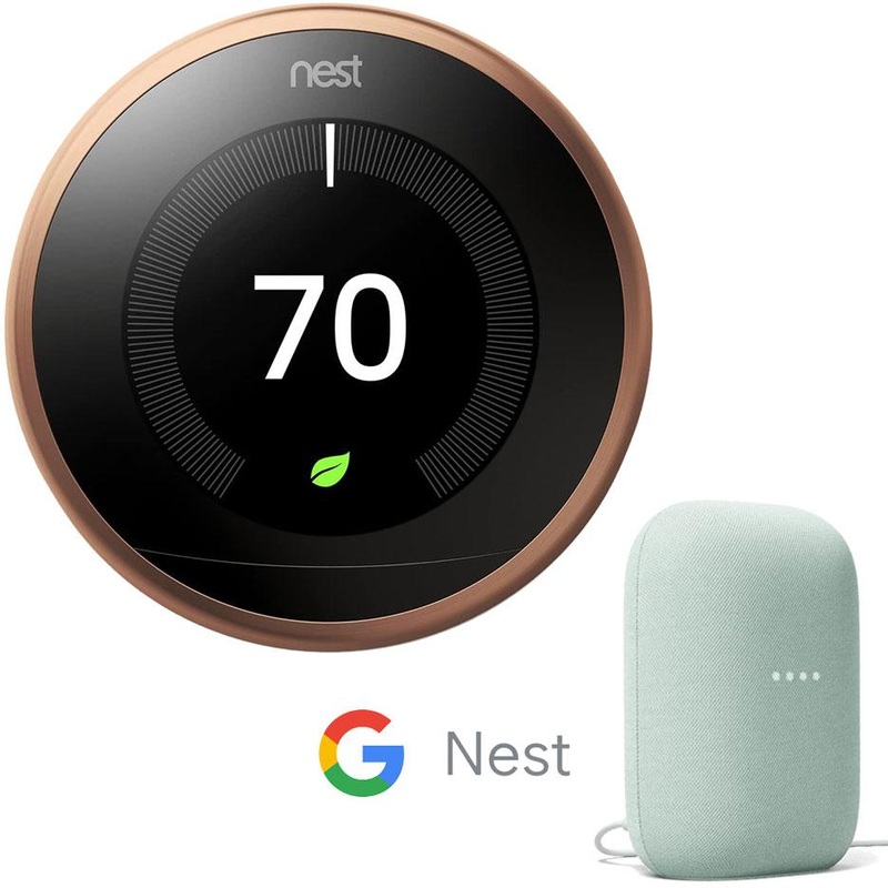 Google Nest 3rd Gen Learning Thermostat (Copper) Bundle with Smart Speaker (Sage)