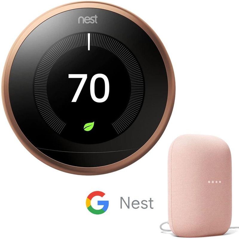 Google Nest 3rd Gen Learning Thermostat (Copper) Bundle with Smart Speaker (Sand)