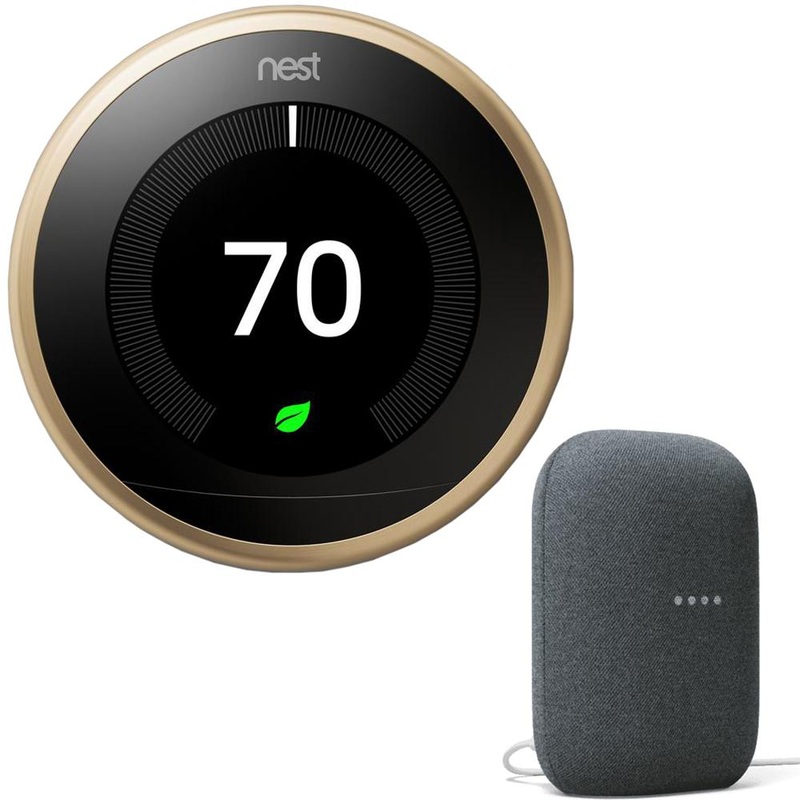 Google Nest 3rd Generation Learning Thermostat (Brass) T3032US +Audio Smart Speaker Charcoal