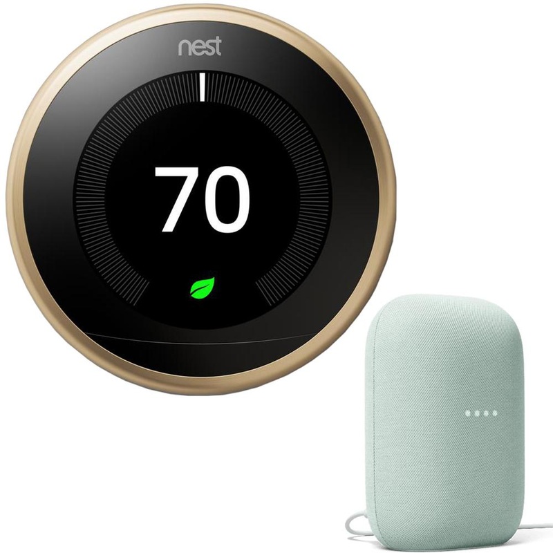 Google Nest 3rd Generation Learning Thermostat (Brass) T3032US + Audio Smart Speaker Sage