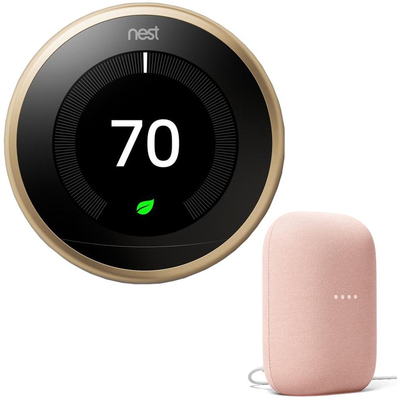 Google Nest 3rd Generation Learning Thermostat (Brass) T3032US + Audio Smart Speaker Sand