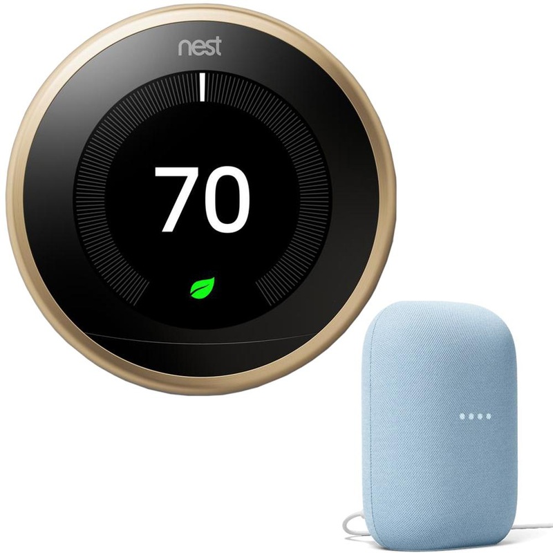 Google Nest 3rd Generation Learning Thermostat (Brass) T3032US + Audio Smart Speaker Sky