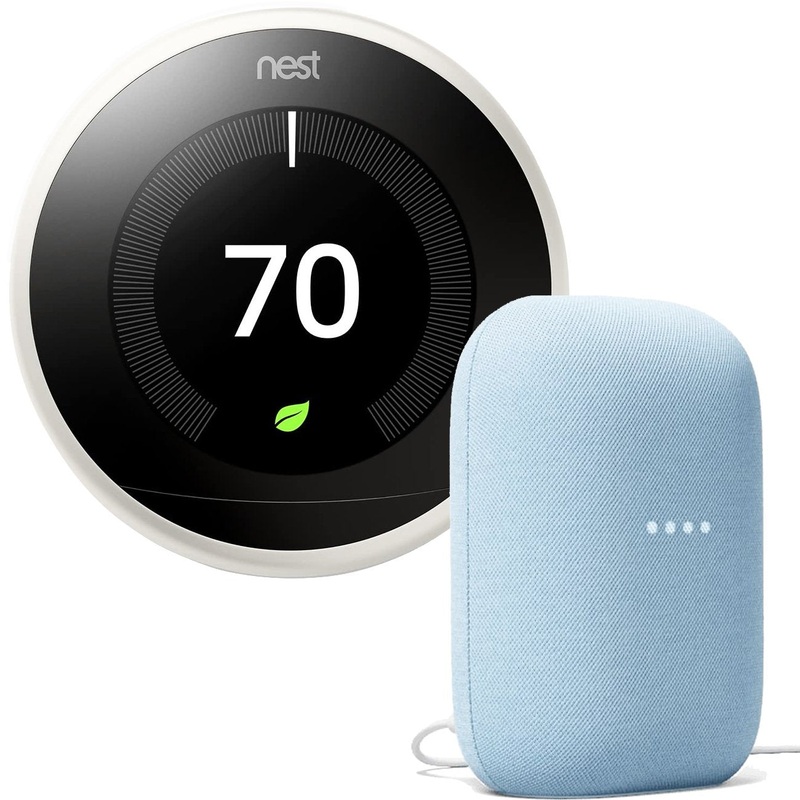 Google Nest 3rd Generation Learning Thermostat in White + Nest Audio Smart Speaker in Sky