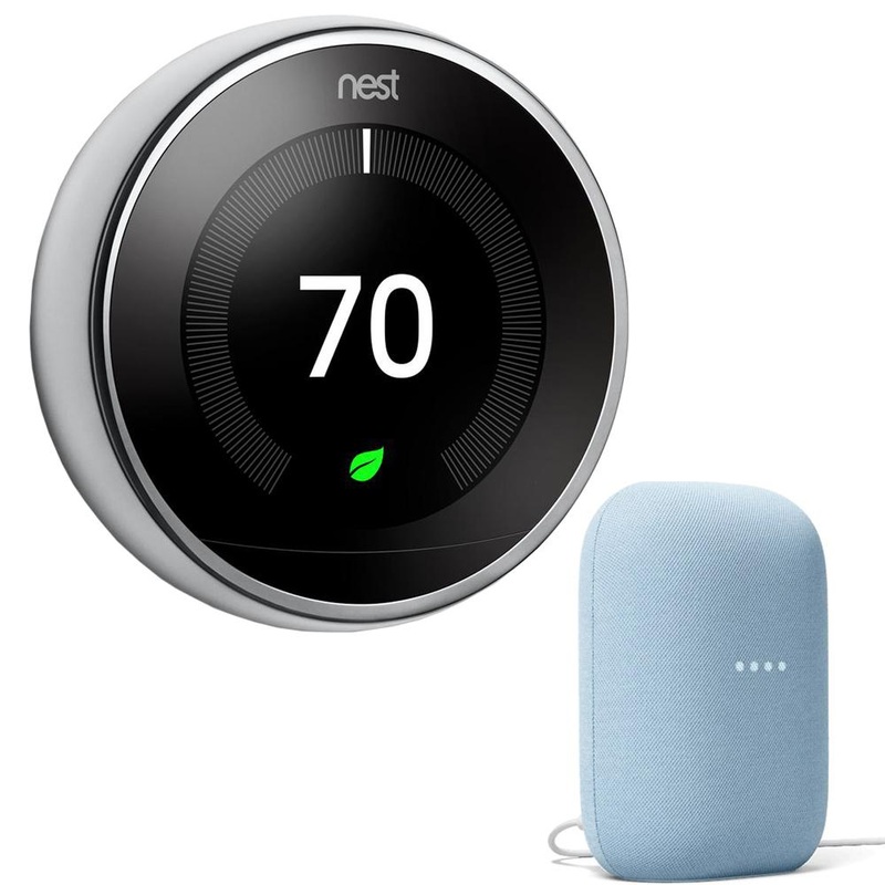 Google Nest 3rd Generation Learning Thermostat (Steel) T3019US + Audio Smart Speaker Sky