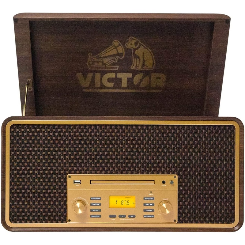 Victor 8-in-1 Three Speed Turntable with Dual Bluetooth, Espresso