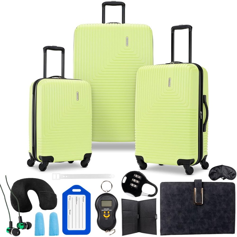 American Tourister Groove Expandable Spinner Suitcase Set Green + Travel Bundle