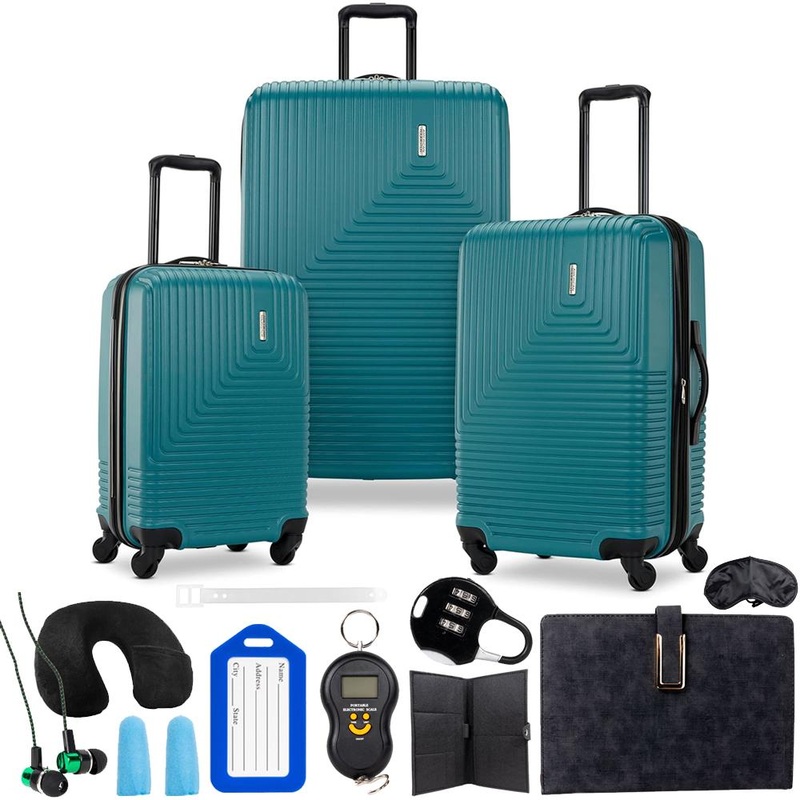 American Tourister Groove Expandable Spinner Suitcase Set Teal + Travel Bundle