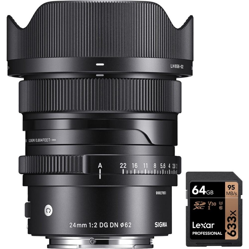 Sigma 24mm f/2 DG DN Contemporary Lens for Sony E with Lexar 64GB Memory Card