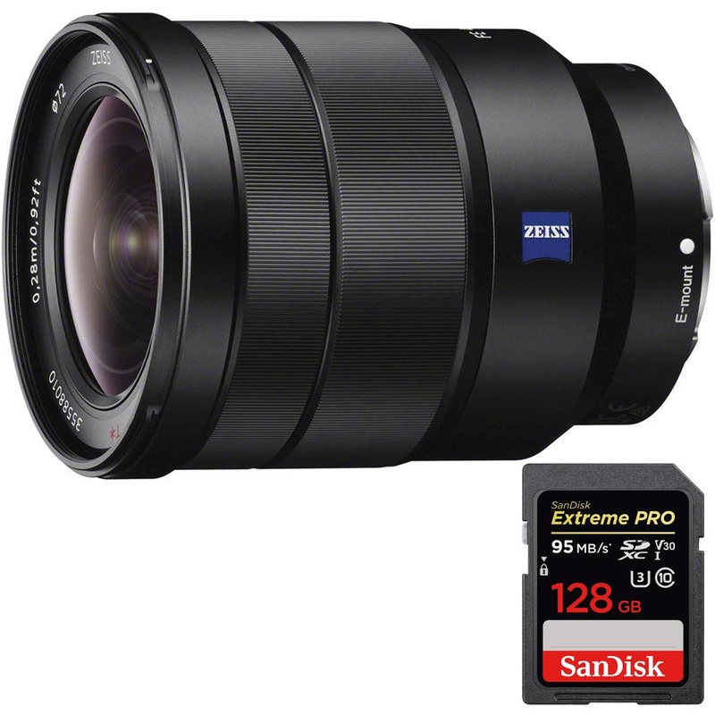 Sony 16-35mm Vario-Tessar T FE F4 ZA OSS E-Mount Lens + 128GB Memory Card