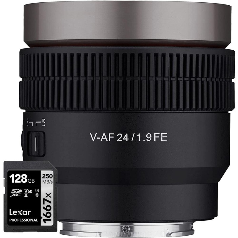 ROKINON 24mm T1.9 Full Frame Cine Auto Focus for Sony E with Lexar 128 GB Card