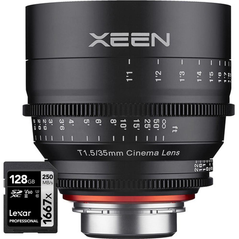 Rokinon Xeen 35mm T1.5 Cine Full Frame Lens for Canon EF Mount with 128GB Card