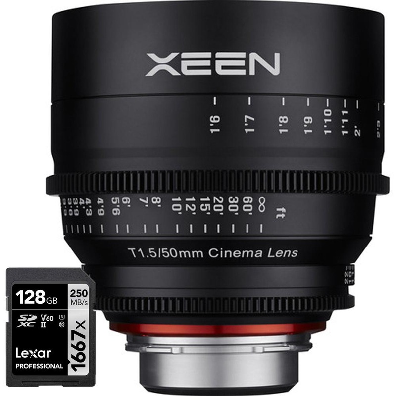 Rokinon Xeen 50mm T1.5 Lens for Canon EF Mount with Lexar 128 GB Memory Card