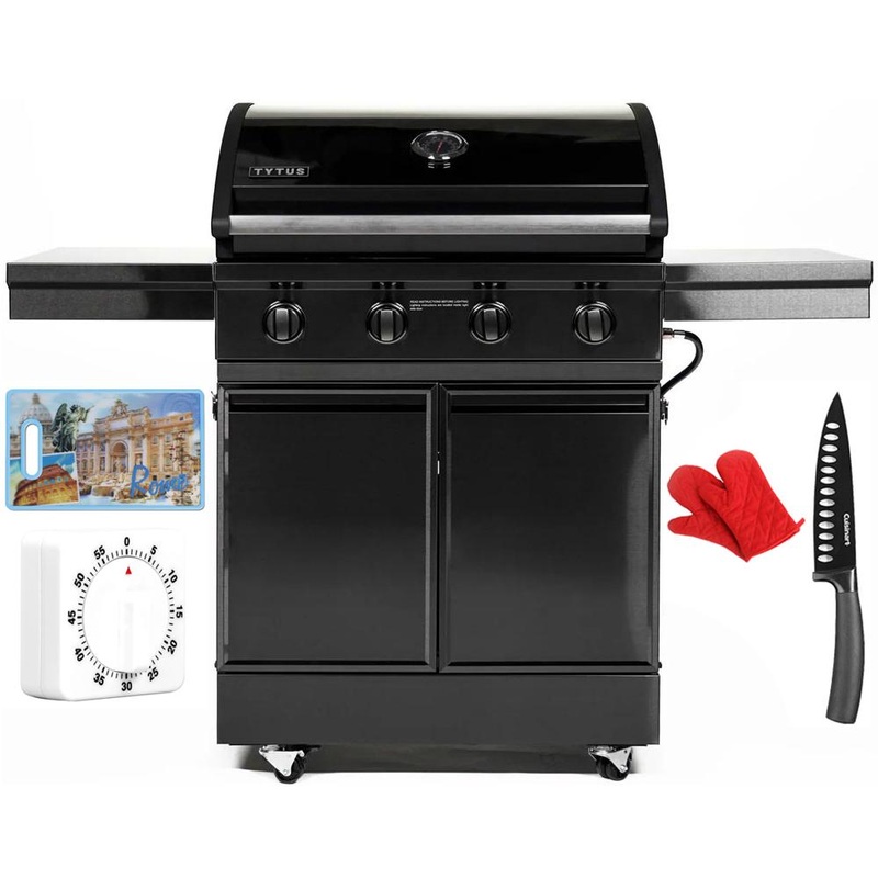 Tytus Freestanding 4-Burner Grill, Black S. Steel 304 + Accessories Bundle