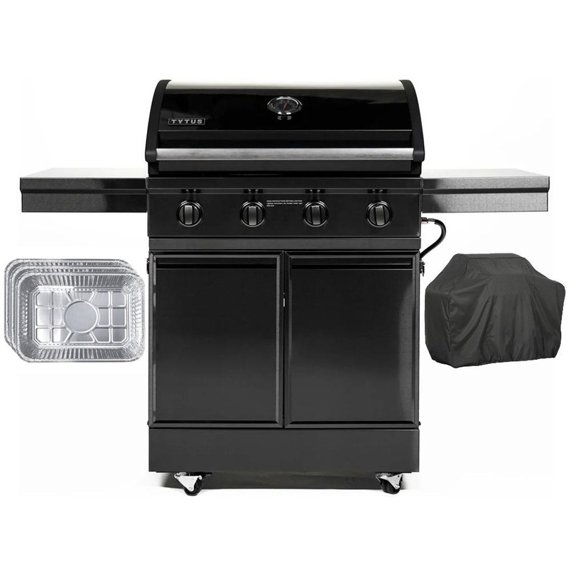 Tytus Freestanding 4-Burner Grill, Black S. Steel 304 w/ Grill Cover + 3x Drip Pans