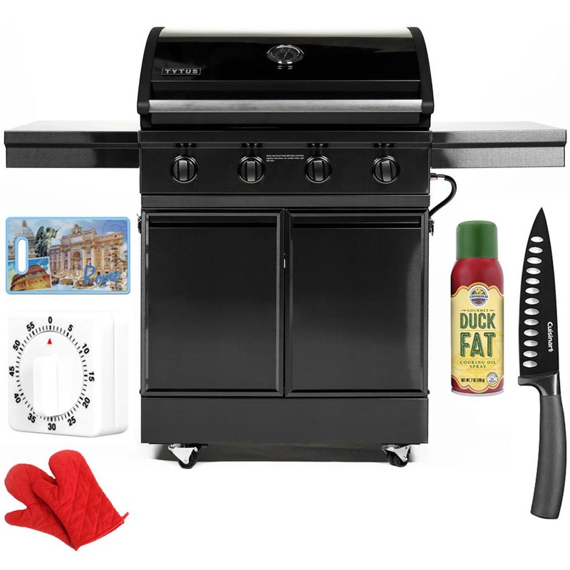 Tytus Freestanding 4-Burner Grill, Black S. Steel 304 w/ Kitchen Accessory Bundle