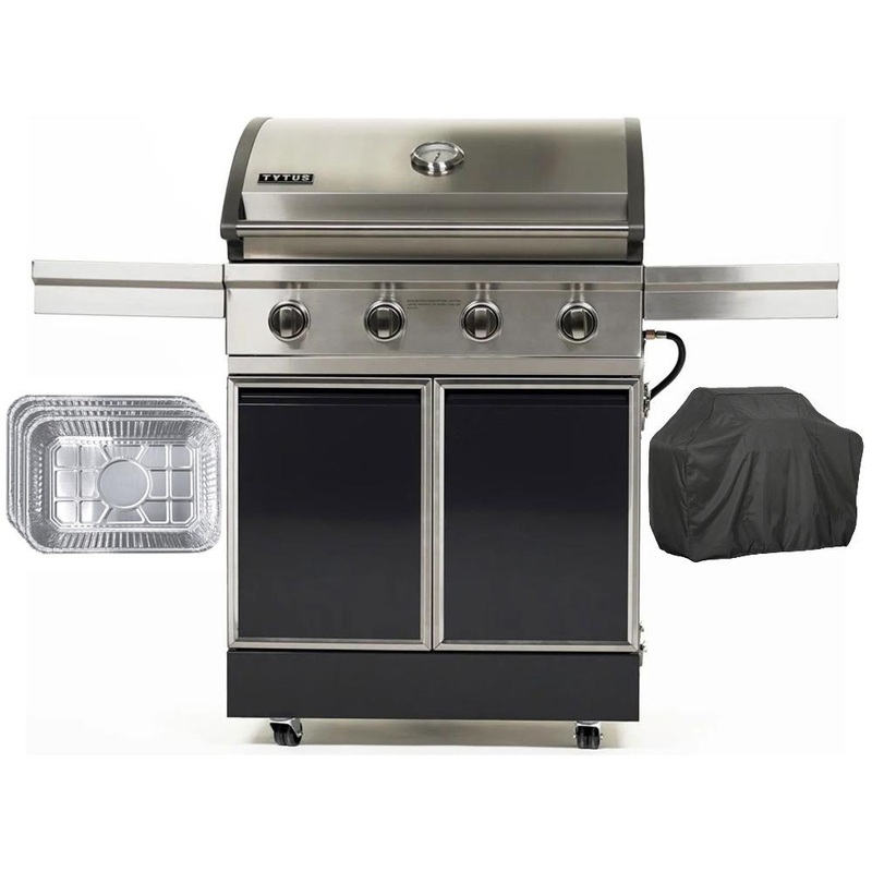 Tytus Freestanding 4-Burner Grill, Charcoal Gray w/ Grill Cover + 3x Drip Pans