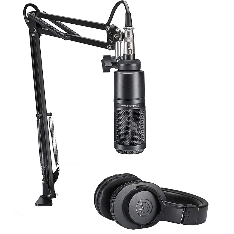 Audio Technica AT2020PK XLR Cardioid Condenser Microphone with Boom Arm and Monitor Headphones