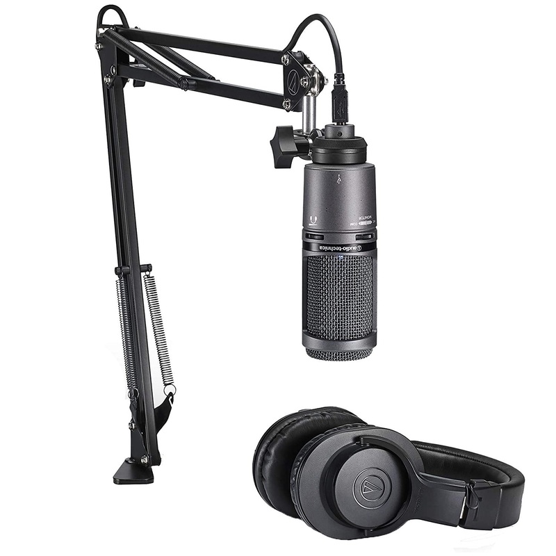 Audio Technica AT2020USB+PK Cardioid Condenser USB Microphone w/ Boom Arm + Monitor Headphones