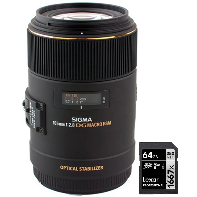 Sigma 105mm F2.8 EX DG OS HSM Macro Lens for Nikon DSLR with 64GB Memory Card