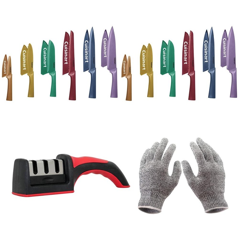 Cuisinart 12pc Knife Set w/ Blade Guards (2-Pack) +Safety Gloves +Knife Sharpener