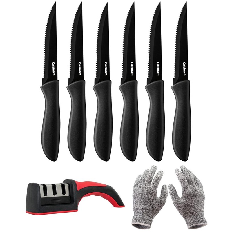 Cuisinart Advantage 6Pc Serrated Steak Knife Set, Black +Safety Gloves +Knife Sharpener
