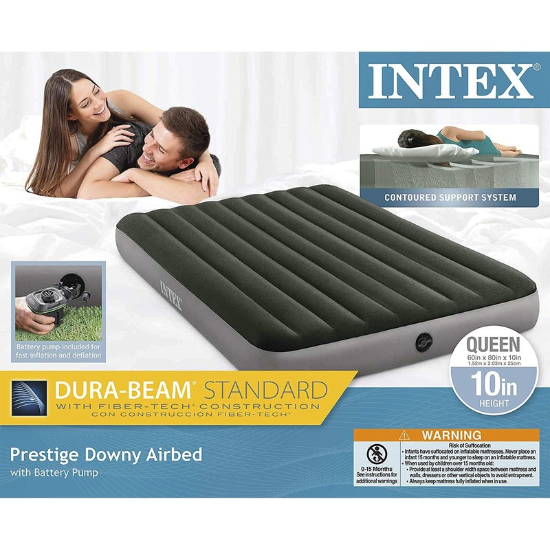 Intex 10" Dura-Beam Standard Prestige Air Mattress 10" Queen w/ Hand-Held Battery Pump