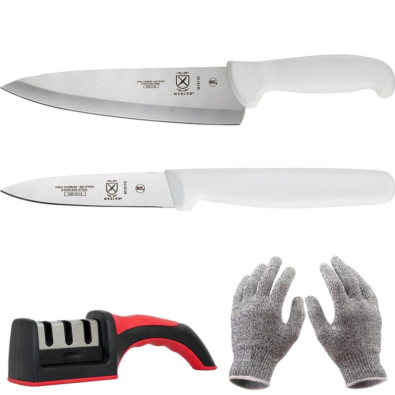 Mercer Cutlery 10" Chef's Knife - M18120 + 3.5" Paring Knife - M18170 w/ Sharpener + Gloves