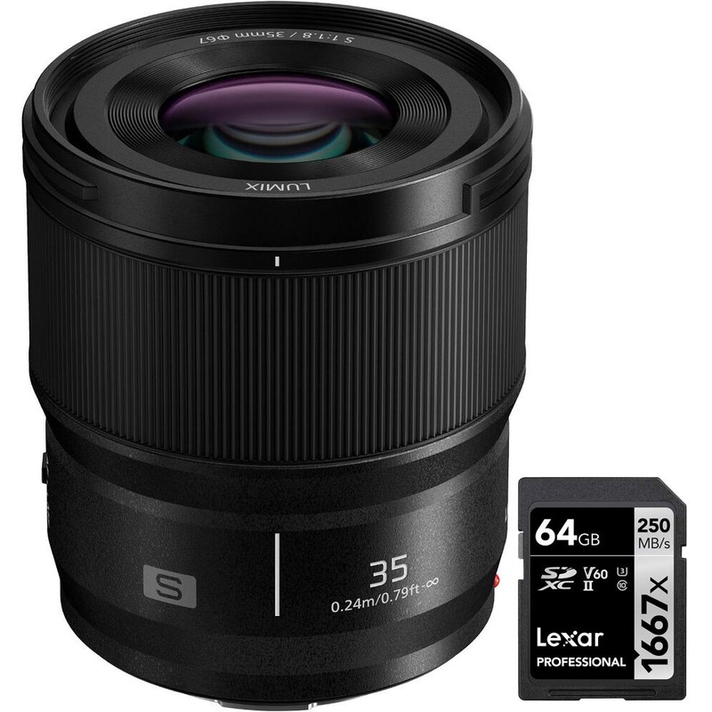 Panasonic Lumix S 35mm f/1.8 Lens for L-Mount Mirrorless Cameras with 64GB Card