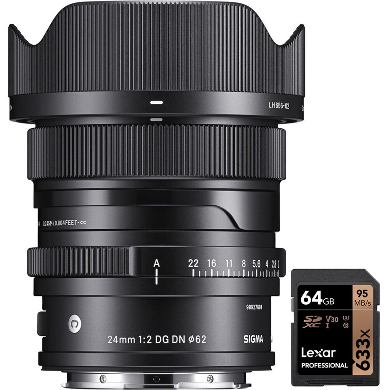 Sigma 24mm f/2 DG DN Contemporary Lens for Leica L with Lexar 64GB Memory Card