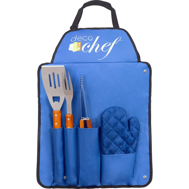 Deco Gear 3 Piece BBQ Tool Set with Custom Blue Apron, Spatula, Tongs, Fork and Oven Mitt