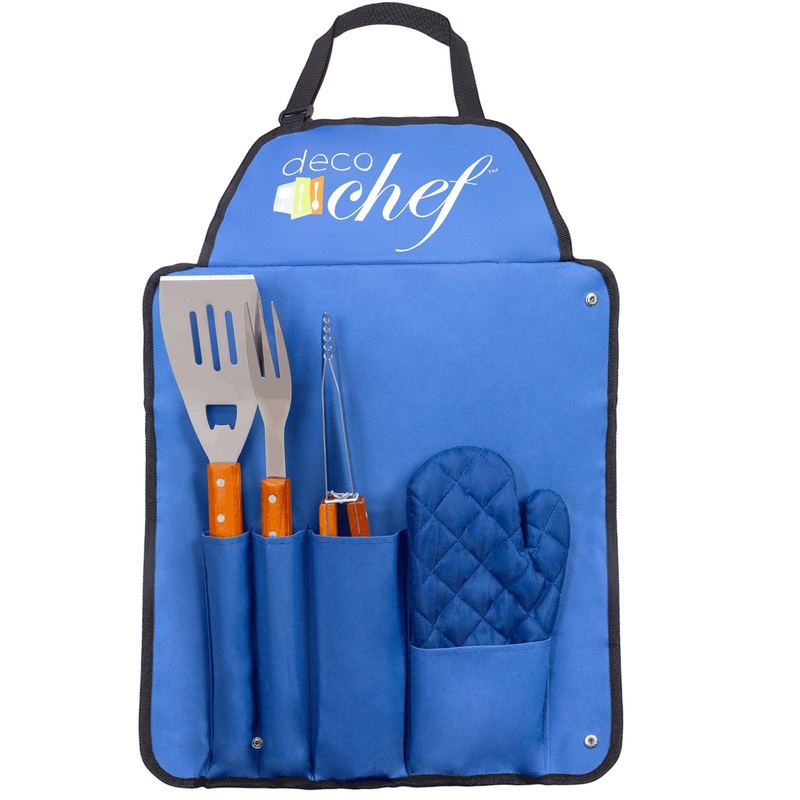 Deco Gear 5 Piece BBQ Tool Set with Custom Blue Apron, Spatula, Tongs, Fork and Oven Mitt