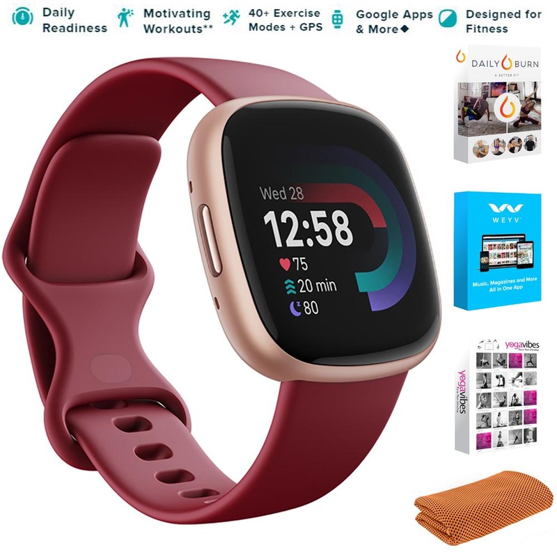 Fitbit Versa 4 Fitness Smartwatch, Beet Juice/Copper Rose Aluminum w/ Fitness Bundle