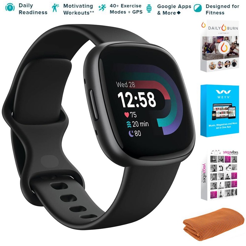 Fitbit Versa 4 Fitness Smartwatch, Black/Graphite w/ Fitness Bundle