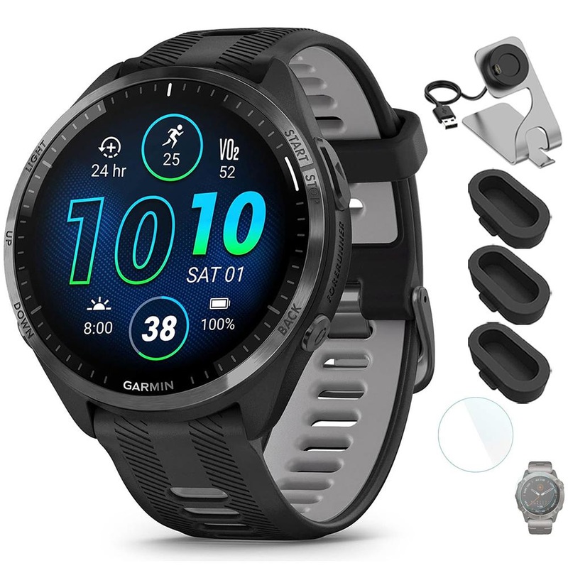 Garmin Forerunner 965 Smartwatch Black and Powder Gray with Charging Dock Bundle