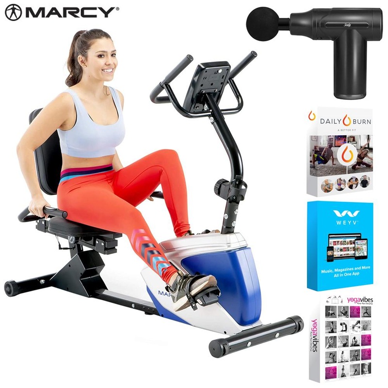 Marcy Magnetic Recumbent Exercise Bike w/ 8 Resistance Levels w/ Massage Gun Bundle