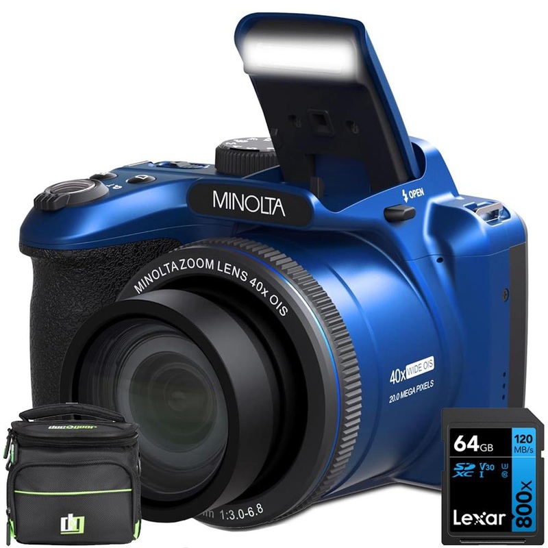 Minolta 20 MP / 1080P FHD Bridge Camera with 40x Zoom Blue + Bag and 64GB Card