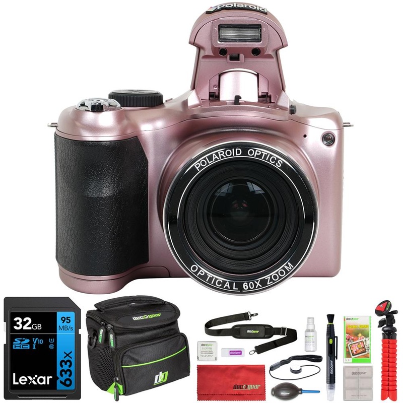 Polaroid iE6035 18MP 60x Optical Zoom Digital Camera, Rose Gold w/ 32GB Memory Card Kit