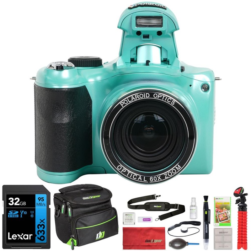Polaroid iE6035 18MP 60x Optical Zoom Digital Camera, Teal w/ 32GB Memory Card Kit