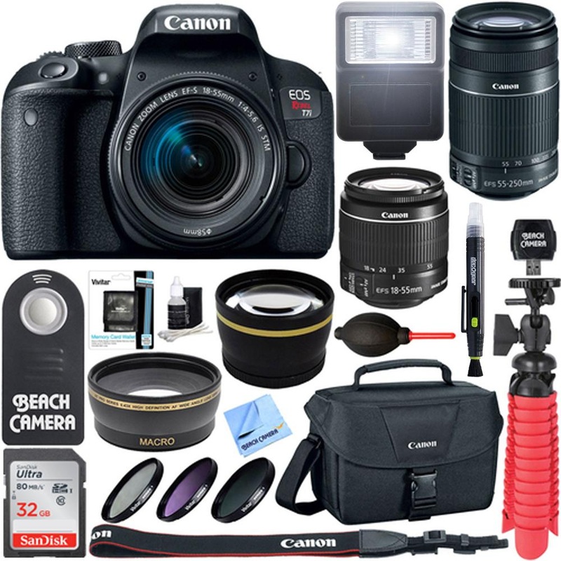 Canon EOS Rebel T7i DSLR Camera + EF-S 18-55mm & 55-250mm Lens Memory & Flash Kit