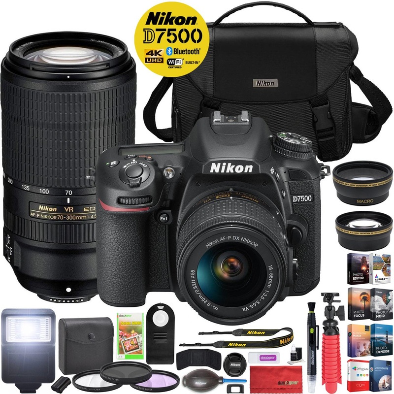 Nikon D7500 DSLR Camera 18-55 VR & 70-300 VR + Software & Travel Case Accessory Bundle