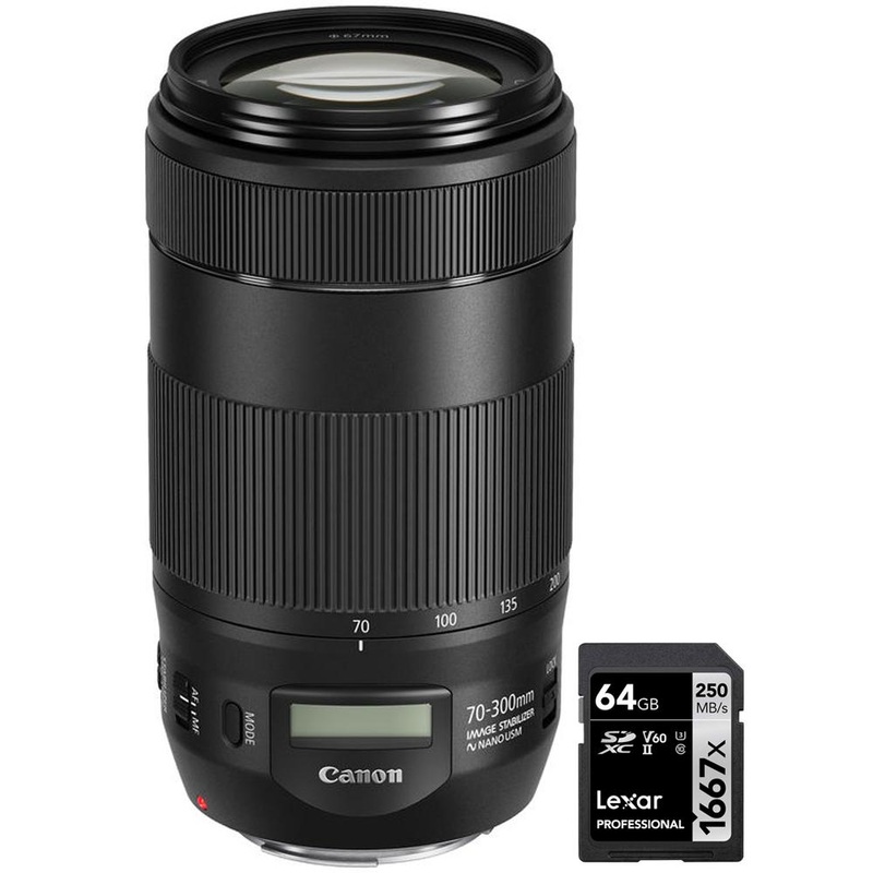 Canon EF 70-300mm f/4-5.6 IS II USM Lens for Canon DSLRs with 64GB Memory Card