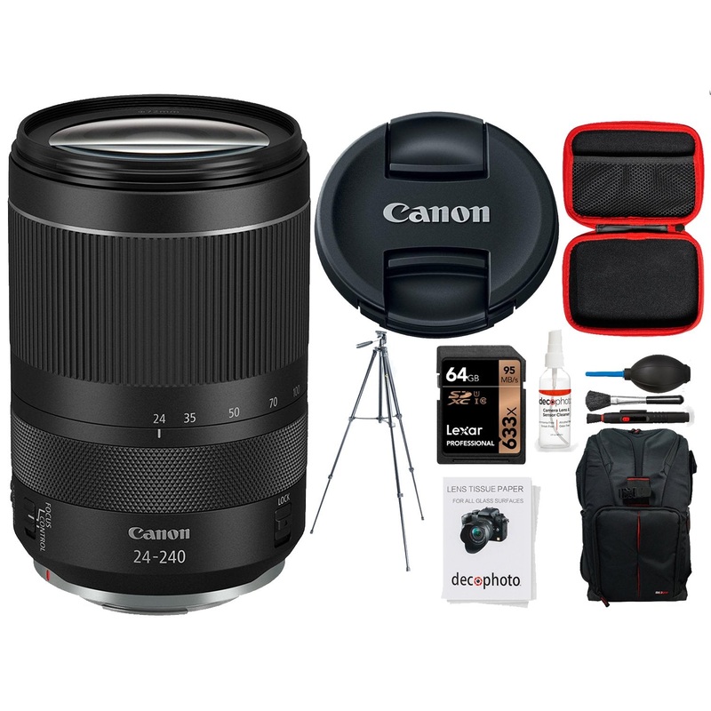 Canon RF 24-240mm f/4-6.3 IS USM Lens with 64GB Memory Card and Backpack Bundle