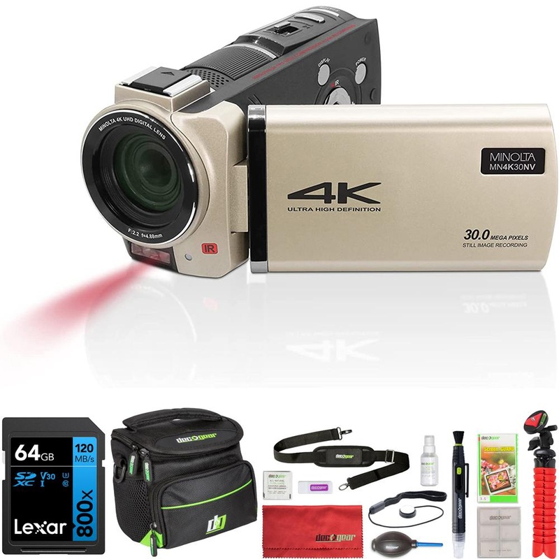 Minolta 4K UHD 30 MP Night Vision Camcorder, Champagne w/ 64GB Accessory Bundle