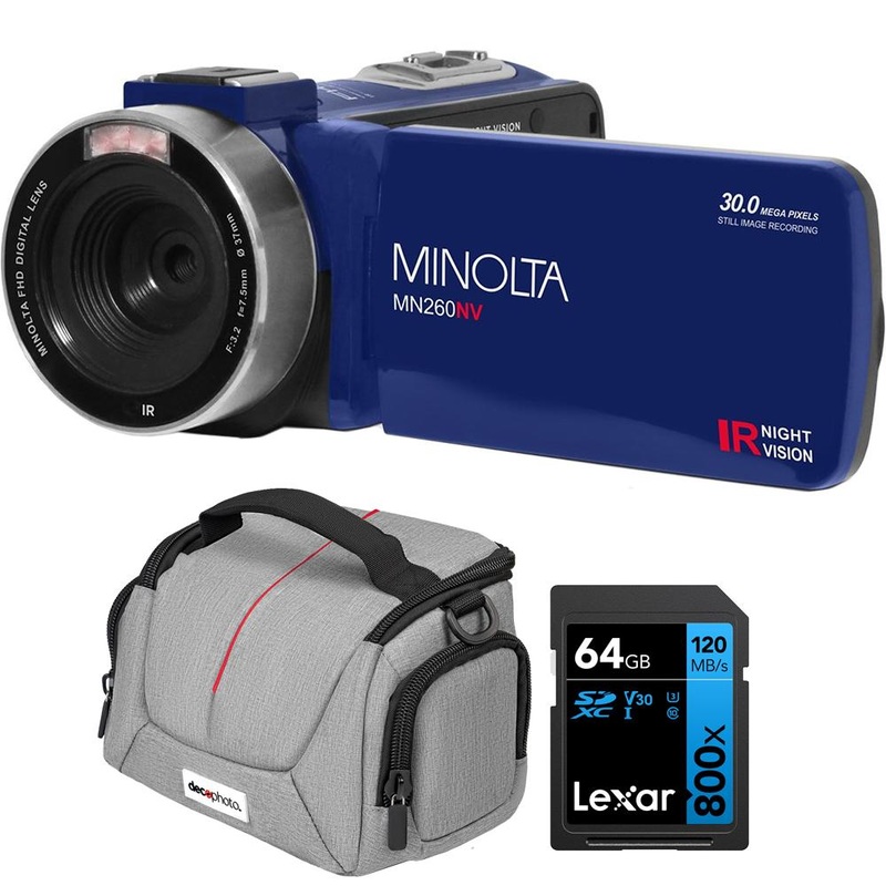 Minolta MN260NV 1080P FHD / 30 MP Night Vision Camcorder, Blue + 64GB Bundle