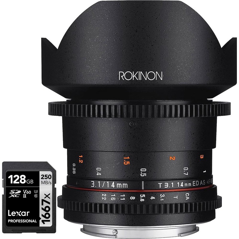 Rokinon DS 14mm T3.1 Full Frame U.Wide Angle Cine Lens for Canon + 128 GB Card