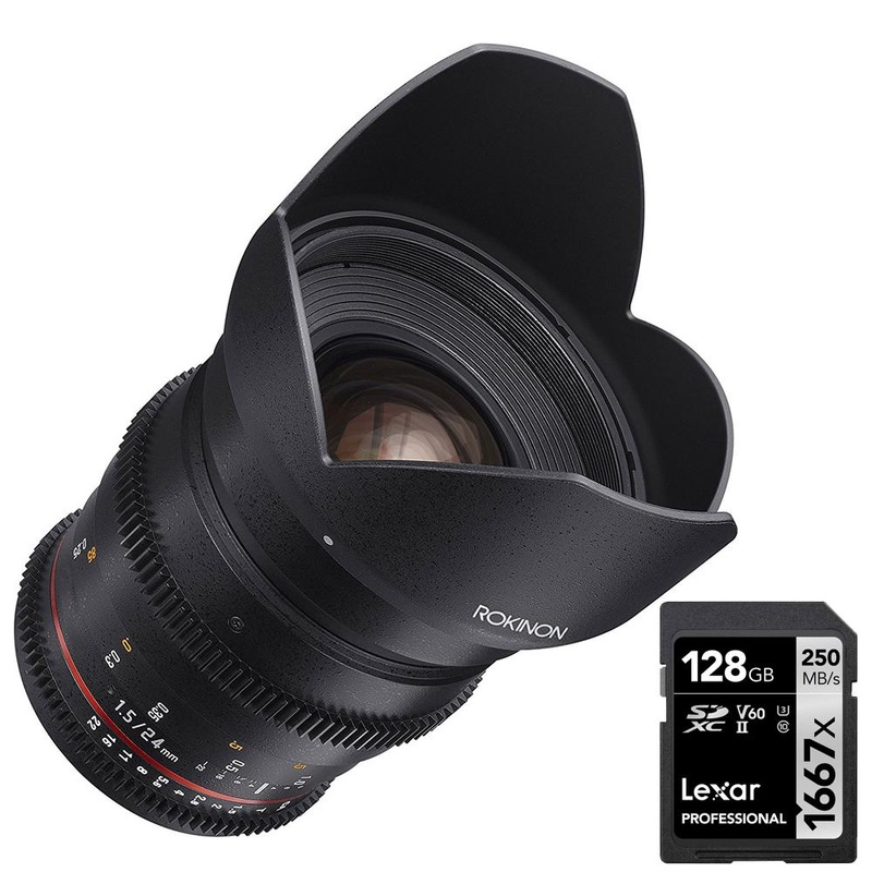 Rokinon DS 24mm T1.5 Full Frame Wide Angle Cine Lens for Canon EF + 128 GB Card