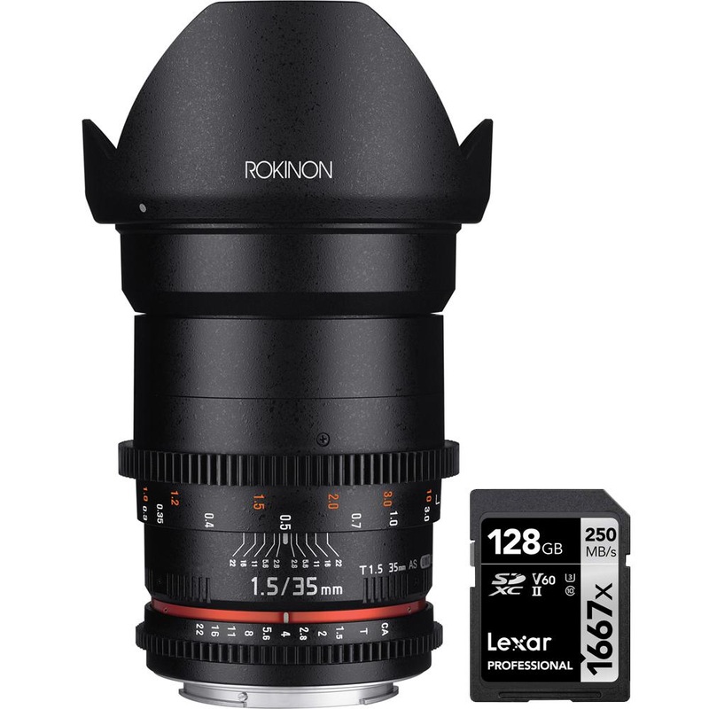 Rokinon DS 35mm T1.5 Wide Angle Cine Lens for Canon EF Mount with 128 GB Card