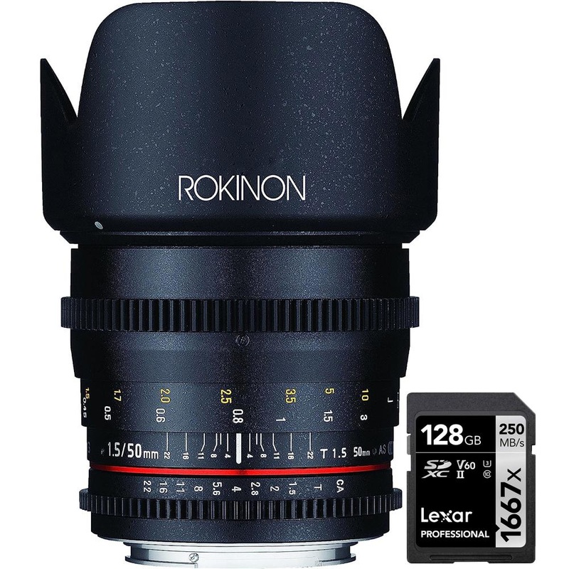 Rokinon DS 50mm T1.5 Wide Angle Cine Lens for Canon EF Mount with 128 GB Card